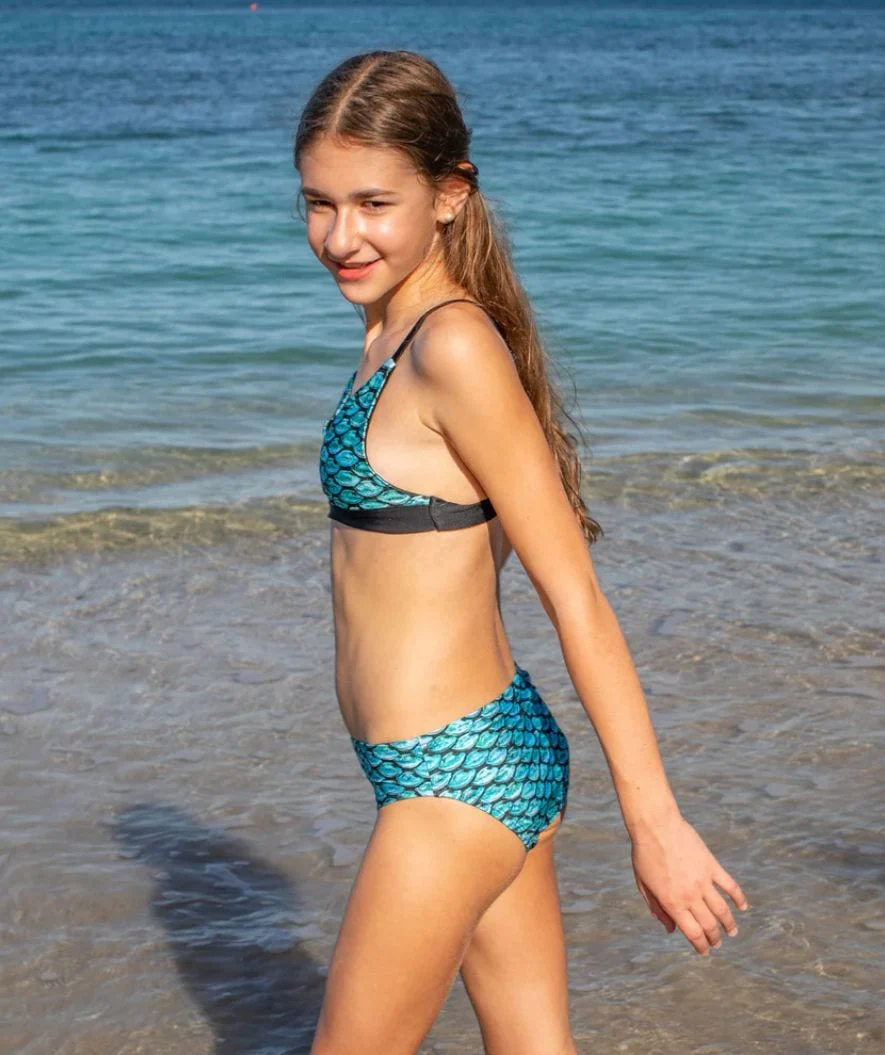 Fin Fun góra od bikini syrenka dla dziewczynek bez falbanek - Tidal Teal (jasnoniebieska) - Image 5